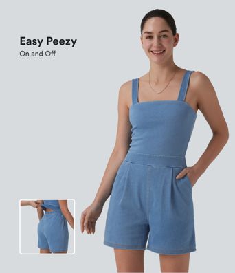 Halara Flex™ Denim Square Neck Sleeveless Casual Romper with Pockets-Easy Peezy