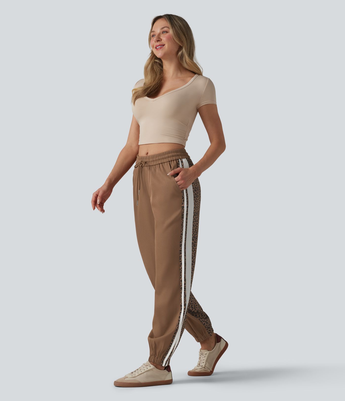 Mid Rise Drawstring Color Block Stripes Contrast Leopard Casual Joggers with Pockets
