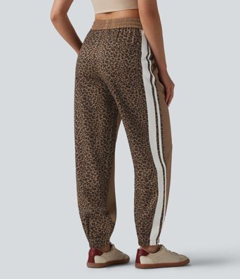 Mid Rise Drawstring Color Block Stripes Contrast Leopard Casual Joggers with Pockets