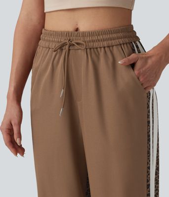 Mid Rise Drawstring Color Block Stripes Contrast Leopard Casual Joggers with Pockets