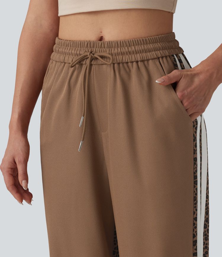 Mid Rise Drawstring Color Block Stripes Contrast Leopard Casual Joggers with Pockets