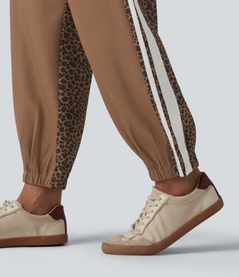 Mid Rise Drawstring Color Block Stripes Contrast Leopard Casual Joggers with Pockets