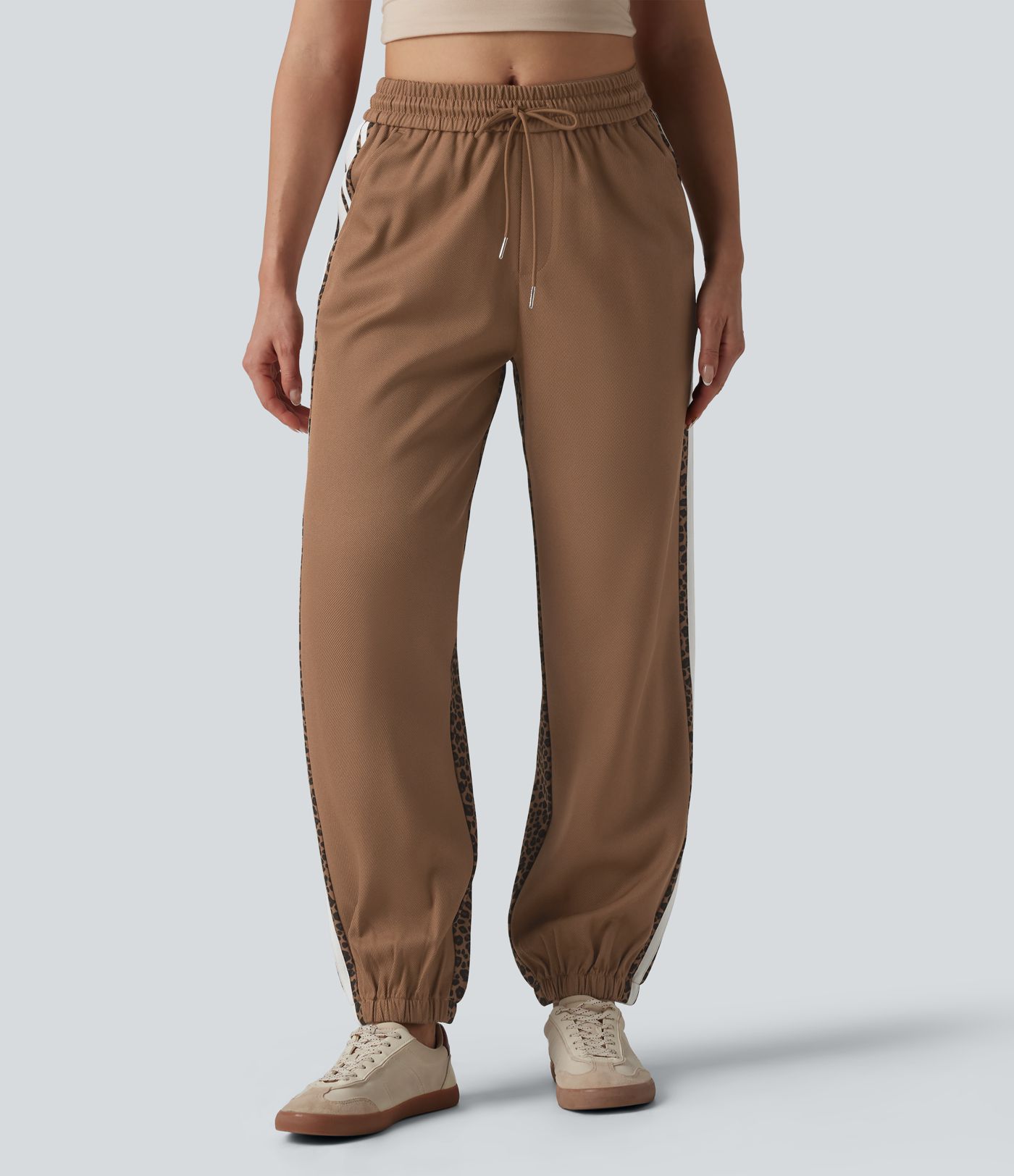Mid Rise Drawstring Color Block Stripes Contrast Leopard Casual Joggers with Pockets