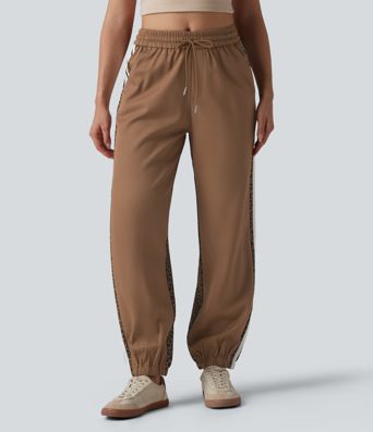 Mid Rise Drawstring Color Block Stripes Contrast Leopard Casual Joggers with Pockets