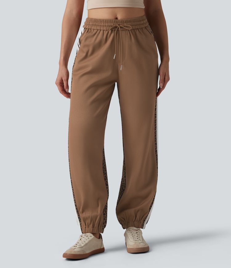 Mid Rise Drawstring Color Block Stripes Contrast Leopard Casual Joggers with Pockets