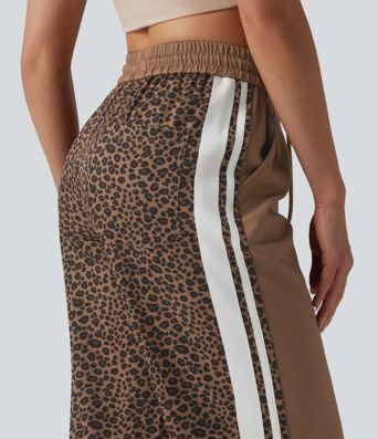 Mid Rise Drawstring Color Block Stripes Contrast Leopard Casual Joggers with Pockets