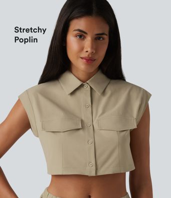 Lässiges, verkürztes Cargo-Hemd aus elastischem Popeline mit kurzen Flügelärmeln