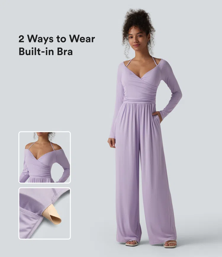 Ribbineulottu halter-jumpsuit, takaa sidottava, olkapäät paljastava, sisäänrakennetut rintaliivit, pitkät hihat, rento, taskuilla