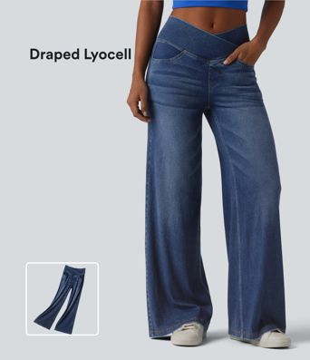 Halara Flex™ Crossover High Waisted Draped Lyocell Washed Casual Baggy Jeans with Pockets