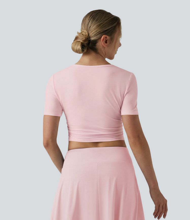 V Neck Short Sleeve Cropped Casual T-Shirt