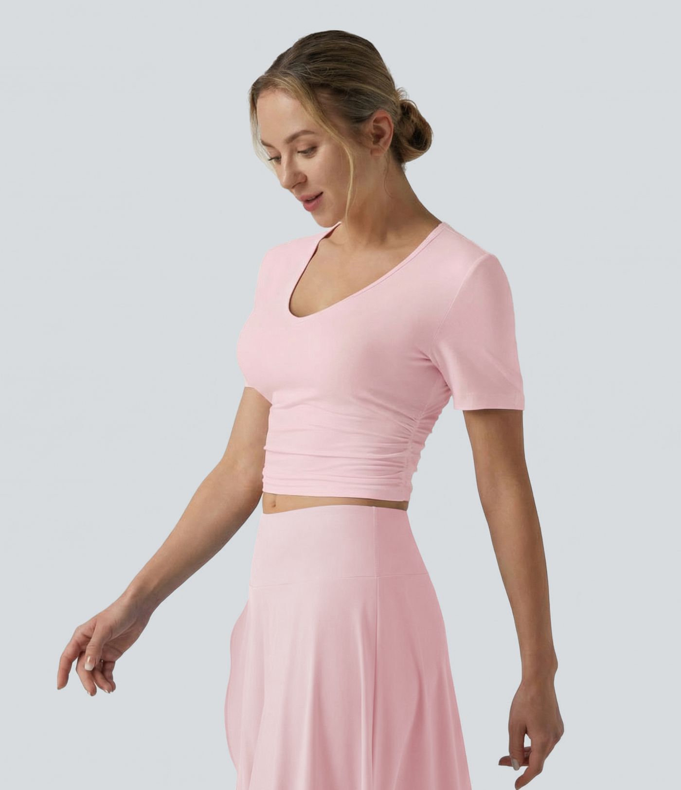 V Neck Short Sleeve Cropped Casual T-Shirt