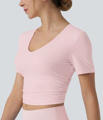 V Neck Short Sleeve Cropped Casual T-Shirt