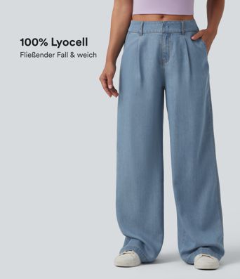 Lässige Jeans aus Lyocell mit mittelhohem Bund, mehreren Taschen und weitem Bein Lässige Jeans aus Lyocell mit mittelhohem Bund, mehreren Taschen und weitem Bein