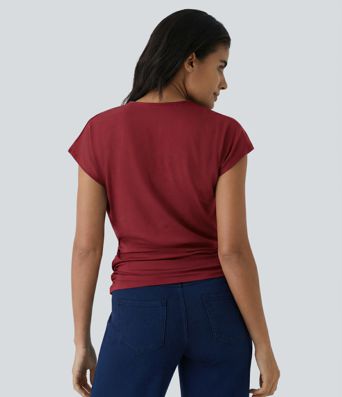 Haut décontracté uni à col en V, manches courtes et fronces croisées