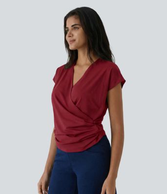 Haut décontracté uni à col en V, manches courtes et fronces croisées