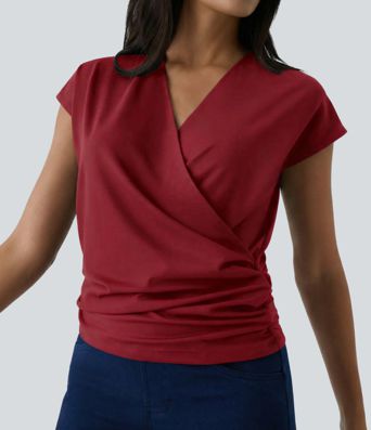 Haut décontracté uni à col en V, manches courtes et fronces croisées
