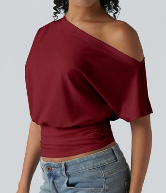 One Shoulder Short Sleeve Ruched Casual Top