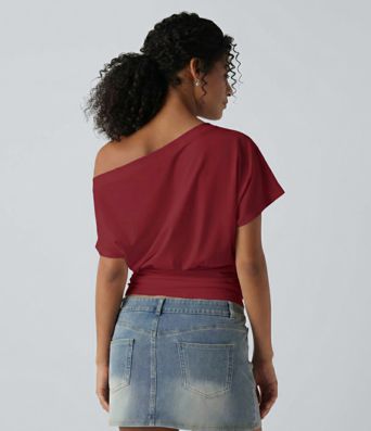 One Shoulder Short Sleeve Ruched Casual Top