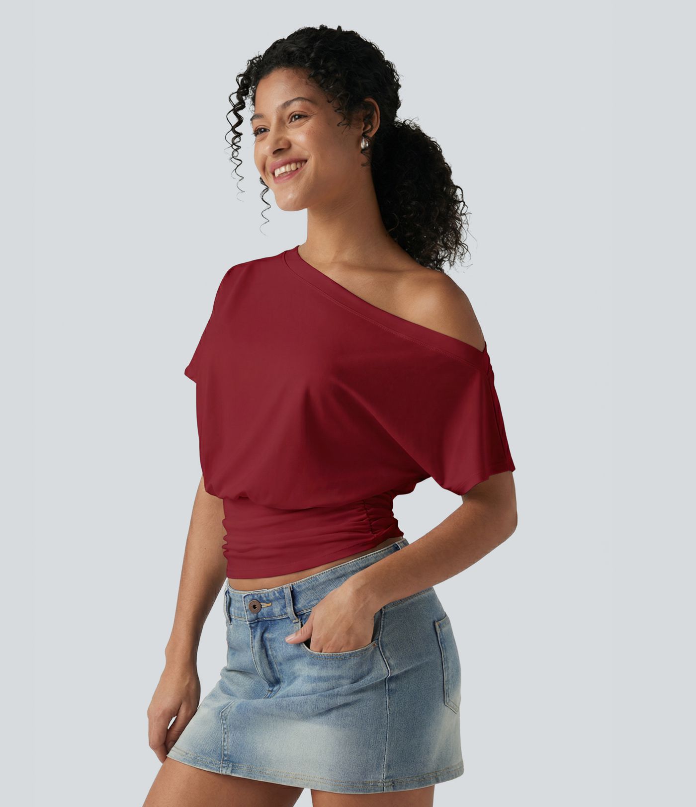 One Shoulder Short Sleeve Ruched Casual Top