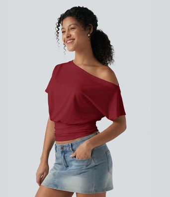One Shoulder Short Sleeve Ruched Casual Top