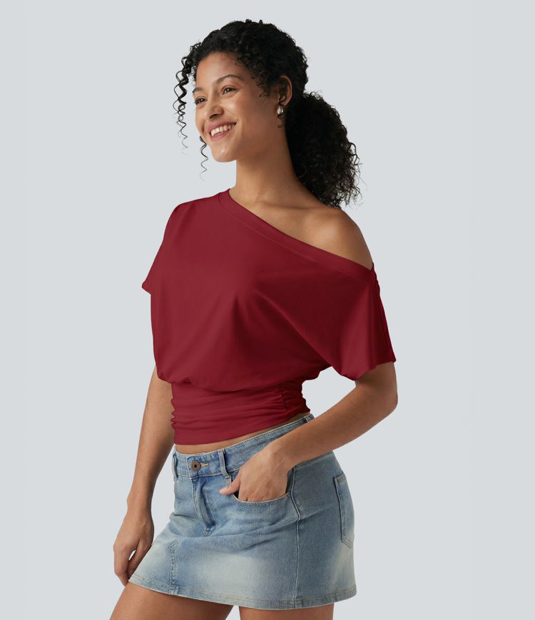One Shoulder Short Sleeve Ruched Casual Top
