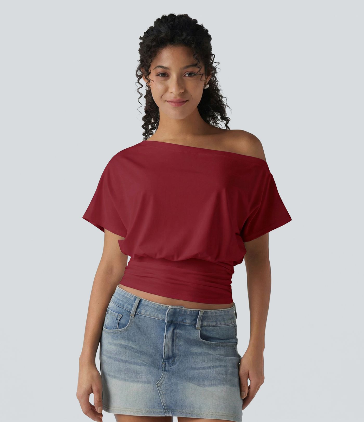 One Shoulder Short Sleeve Ruched Casual Top