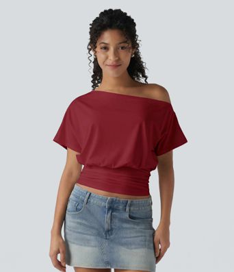 One Shoulder Short Sleeve Ruched Casual Top