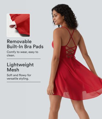 Lace Up 2-in-1 Pocket High Low Contrast Mesh Flowy Low Support Mini Dance Active Dress A-C Cups