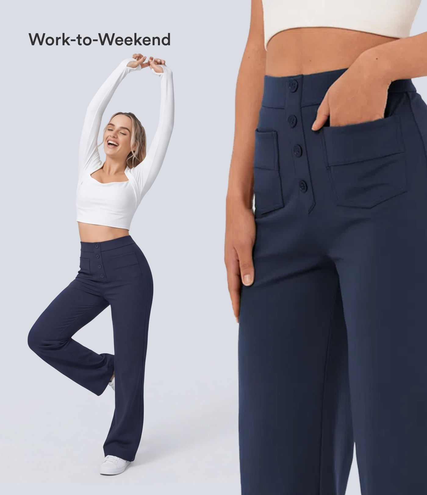 Pantalon taille haute boutonné, poches multi-usages, jambe droite, coupe décontractée