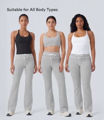 High Waisted Drawstring Stripe Flare Yoga Pants with Pockets