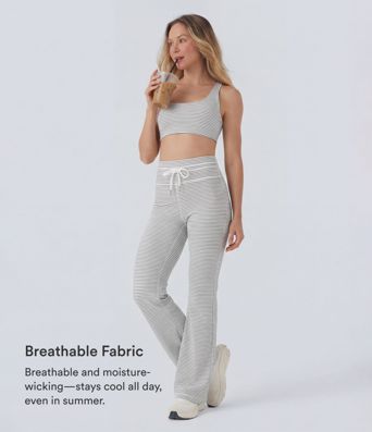 High Waisted Drawstring Stripe Flare Yoga Pants with Pockets