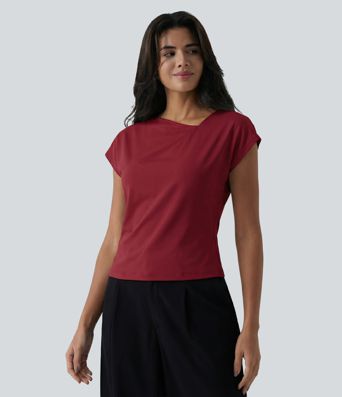 Asymmetric Cowl Neck Short Sleeve Ruched Split Hem Casual Top