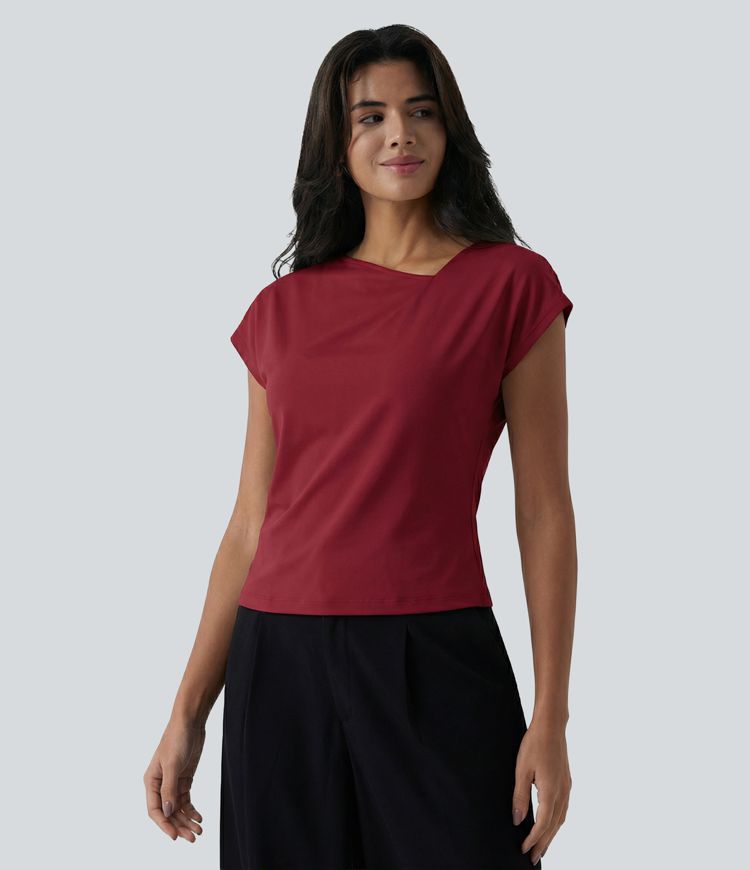 Asymmetric Cowl Neck Short Sleeve Ruched Split Hem Casual Top