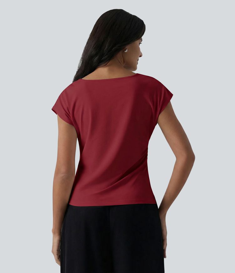 Asymmetric Cowl Neck Short Sleeve Ruched Split Hem Casual Top