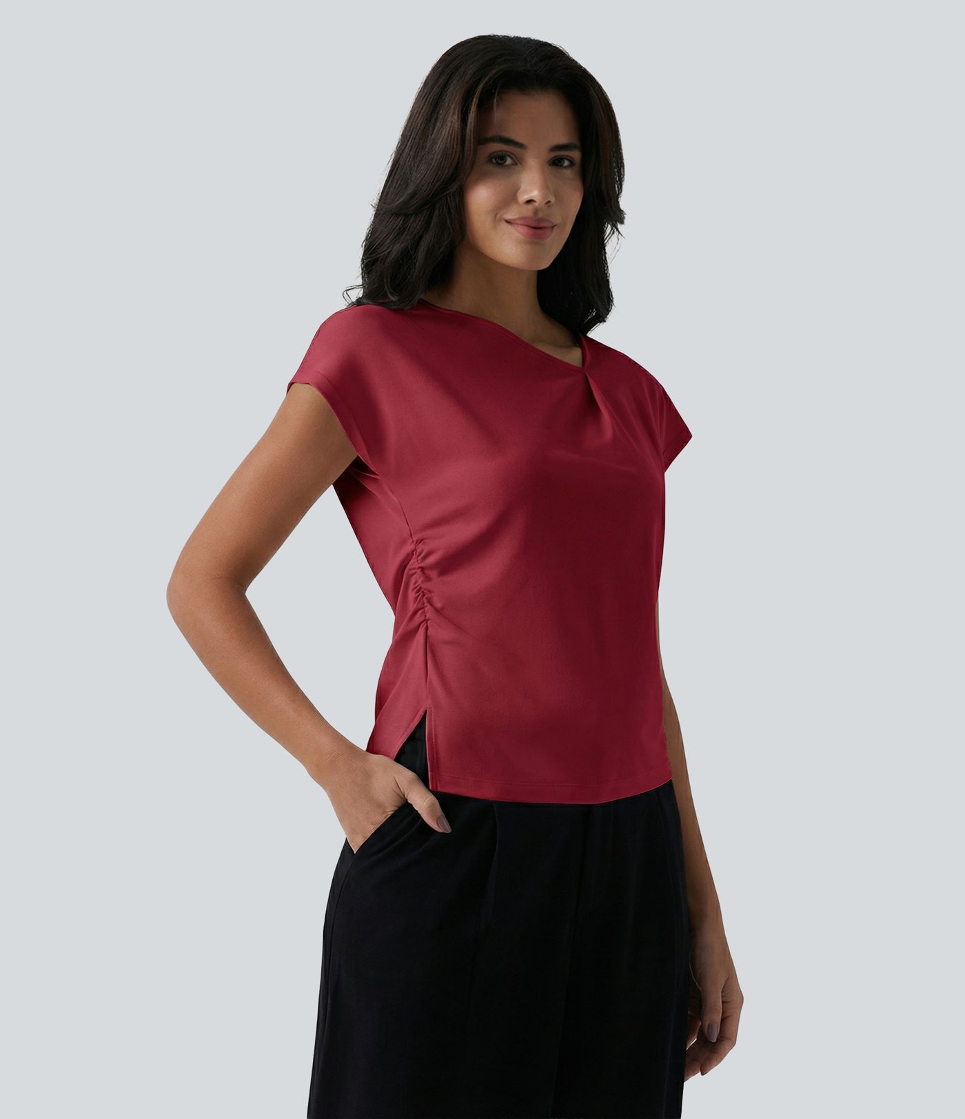 Asymmetric Cowl Neck Short Sleeve Ruched Split Hem Casual Top