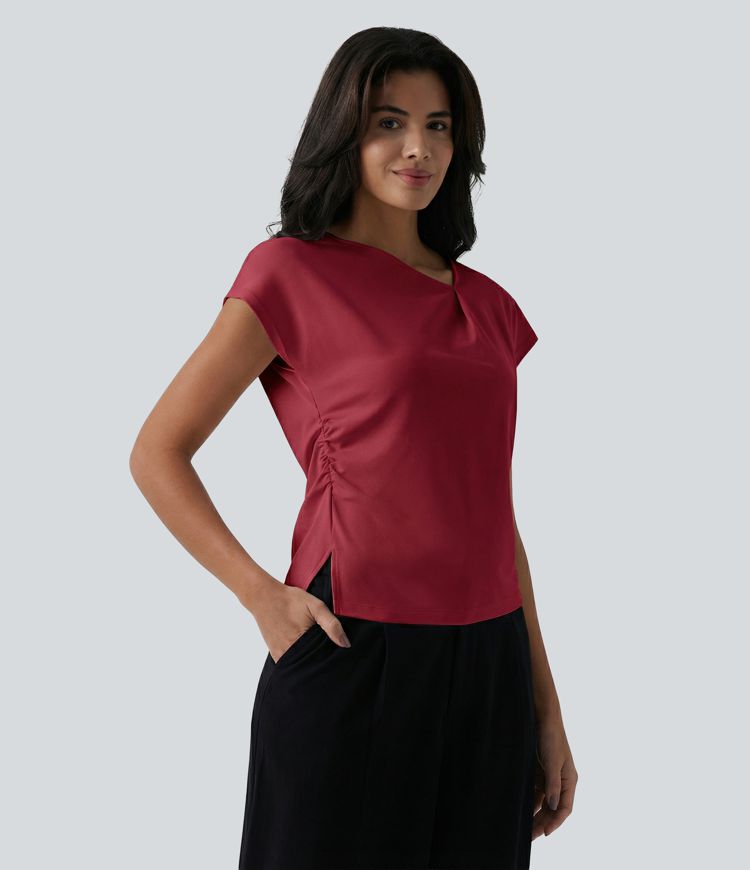 Asymmetric Cowl Neck Short Sleeve Ruched Split Hem Casual Top