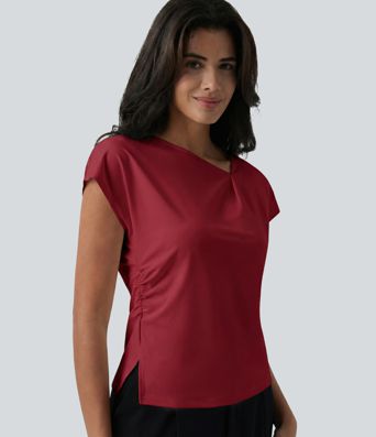 Asymmetric Cowl Neck Short Sleeve Ruched Split Hem Casual Top