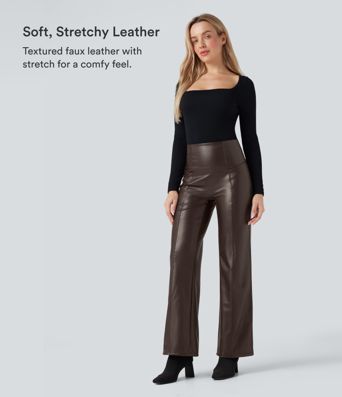 High Waisted Tummy Control Stretchy PU Fleece Casual Flare Pants with Pockets