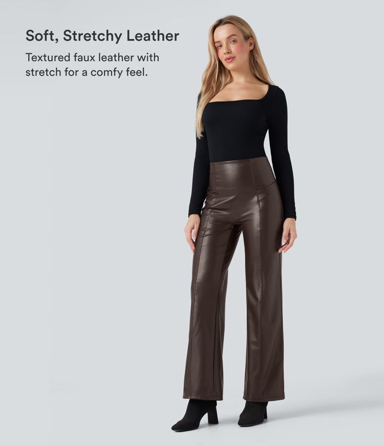 High Waisted Tummy Control Stretchy PU Fleece Casual Flare Pants with Pockets