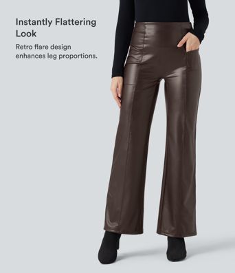 High Waisted Tummy Control Stretchy PU Fleece Casual Flare Pants with Pockets