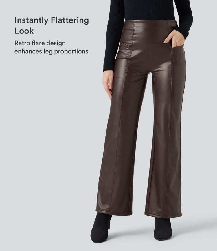 High Waisted Tummy Control Stretchy PU Fleece Casual Flare Pants with Pockets