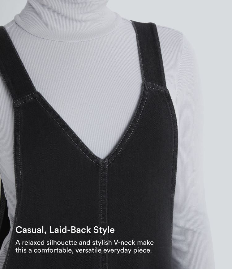 Halara Flex™ Vネック ポケット付き ウォッシュドデニム カジュアルオーバーオール