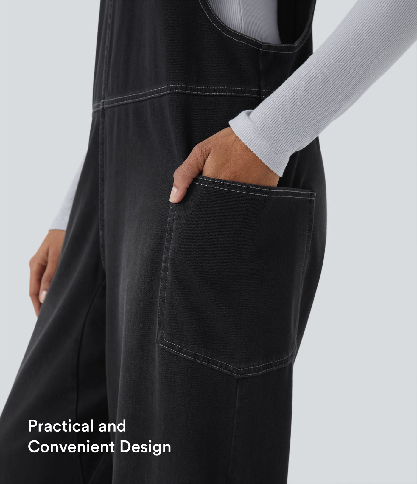 Halara Flex™ Vネック ポケット付き ウォッシュドデニム カジュアルオーバーオール