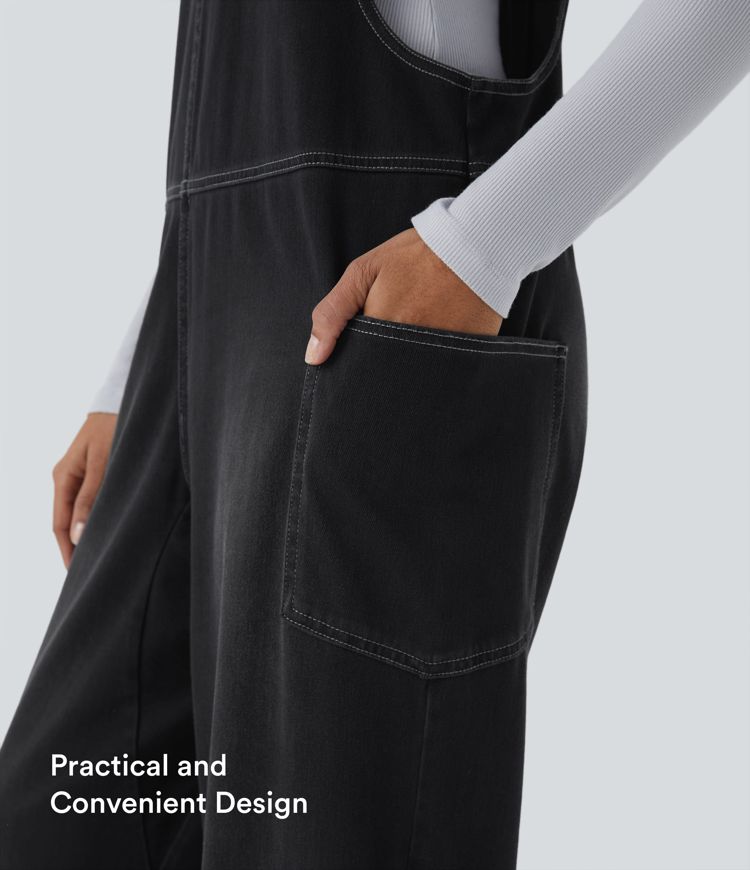 Halara Flex™ Vネック ポケット付き ウォッシュドデニム カジュアルオーバーオール