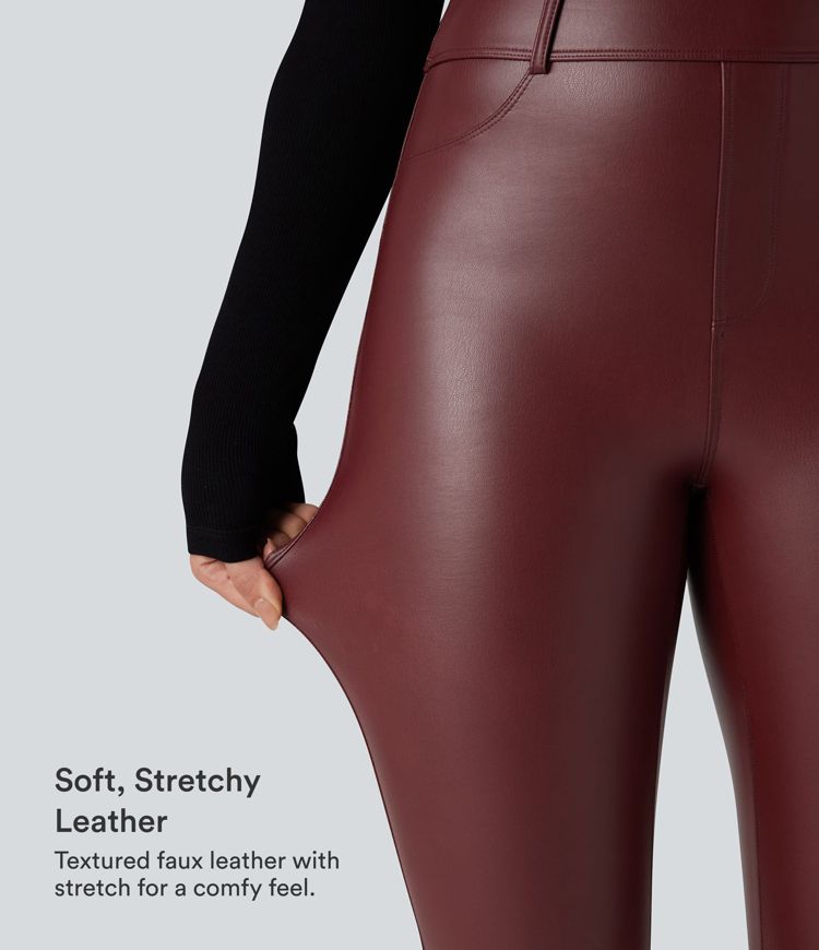 High Waisted Stretchy PU Fleece Casual Leggings with Pockets