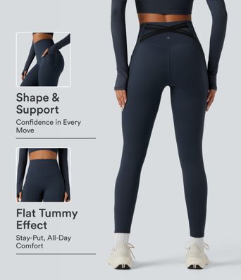 Halara Ultrasculpt™ Heat High Waisted Tummy Control Crossover Back Fleece Running Leggings with Pockets