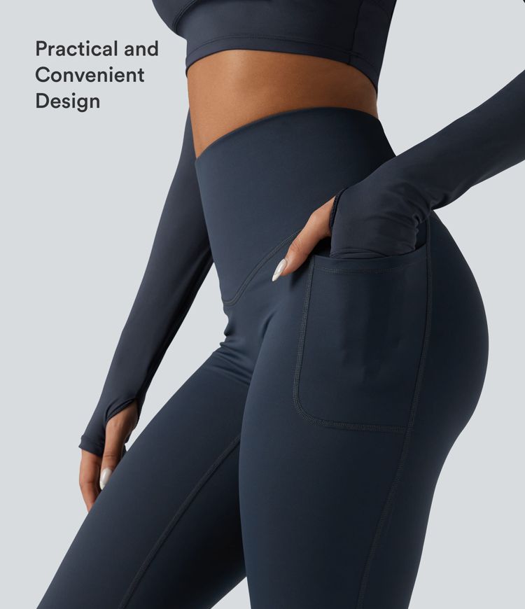 Halara Ultrasculpt™ Heat High Waisted Tummy Control Crossover Back Fleece Running Leggings with Pockets