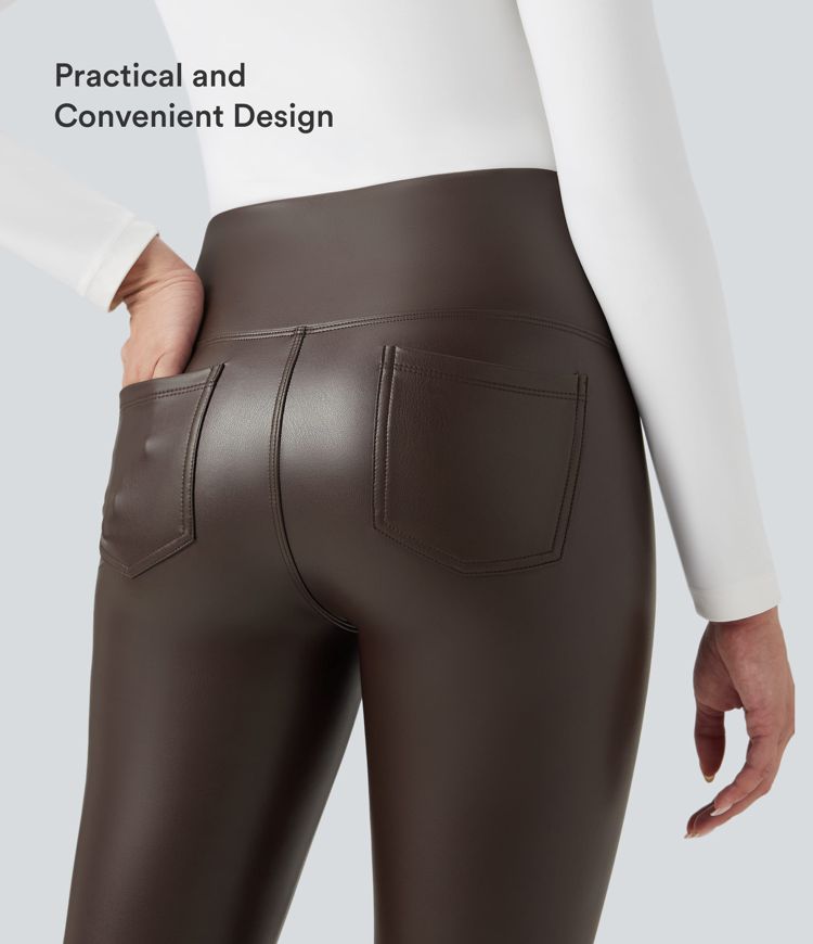 High Waisted Tummy Control Stretchy PU Fleece 7/8 Skinny Casual Leggings with Pockets