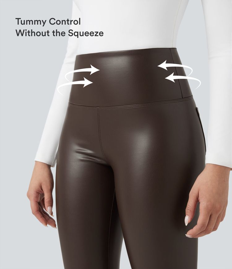 High Waisted Tummy Control Stretchy PU Fleece 7/8 Skinny Casual Leggings with Pockets