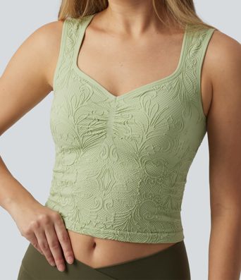 V-háls stuttur jacquard jóga-toppur með fellingum og innbyggðum brjóstahaldara
